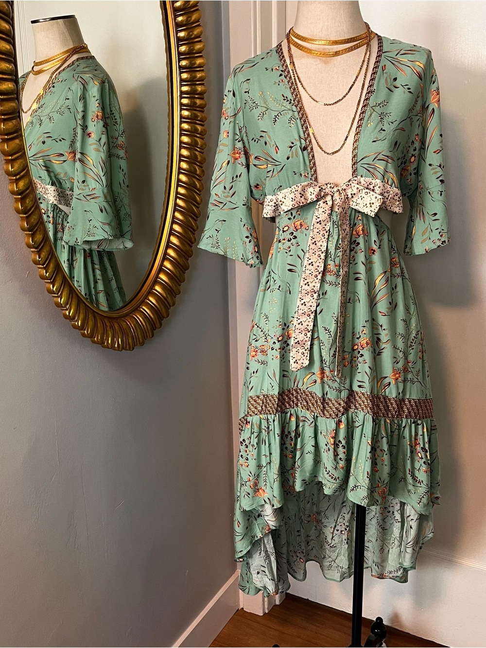 NWT Tie-Front Mint Green Floral High-Low Dress, Sz. M